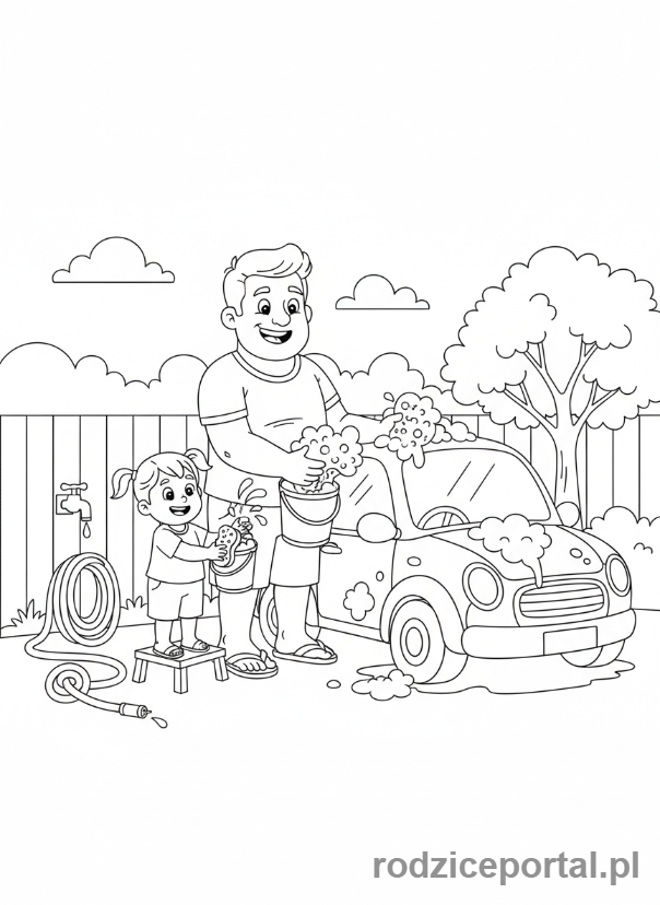 Kolorowanka Oszczędzanie Wody - Mycie auta wiaderkami