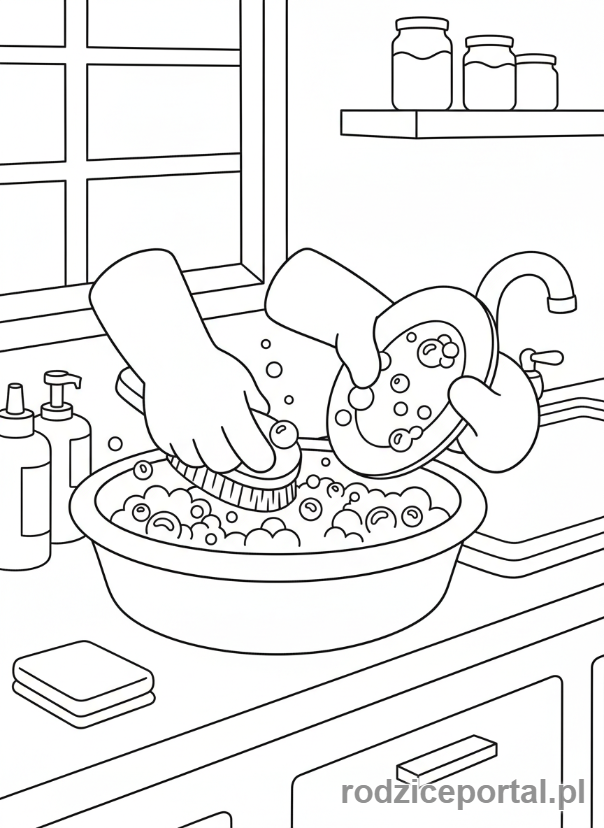 Kolorowanka Oszczędzanie Wody - Mycie naczyń w misce
