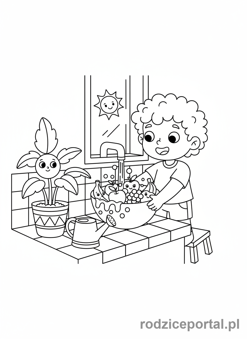 Kolorowanka Oszczędzanie Wody - Mycie owoców w misce do podlewania