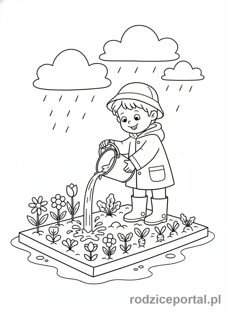 Kolorowanka Oszczędzanie Wody - Podlewanie ogrodu zebraną wodą