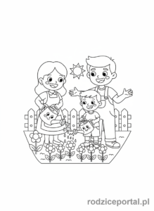 Kolorowanka Oszczędzanie Wody - Rodzina podlewa ogród konewką