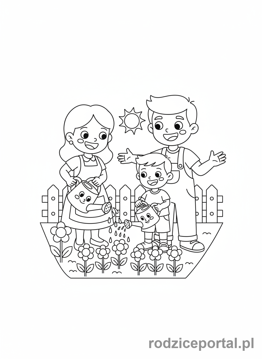 Kolorowanka Oszczędzanie Wody - Rodzina podlewa ogród konewką