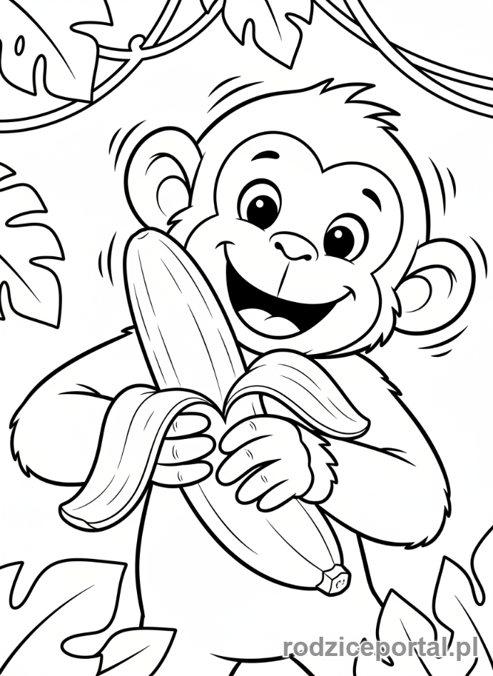 Kolorowanka Owoce Zdrowe - Małpka obierająca banana