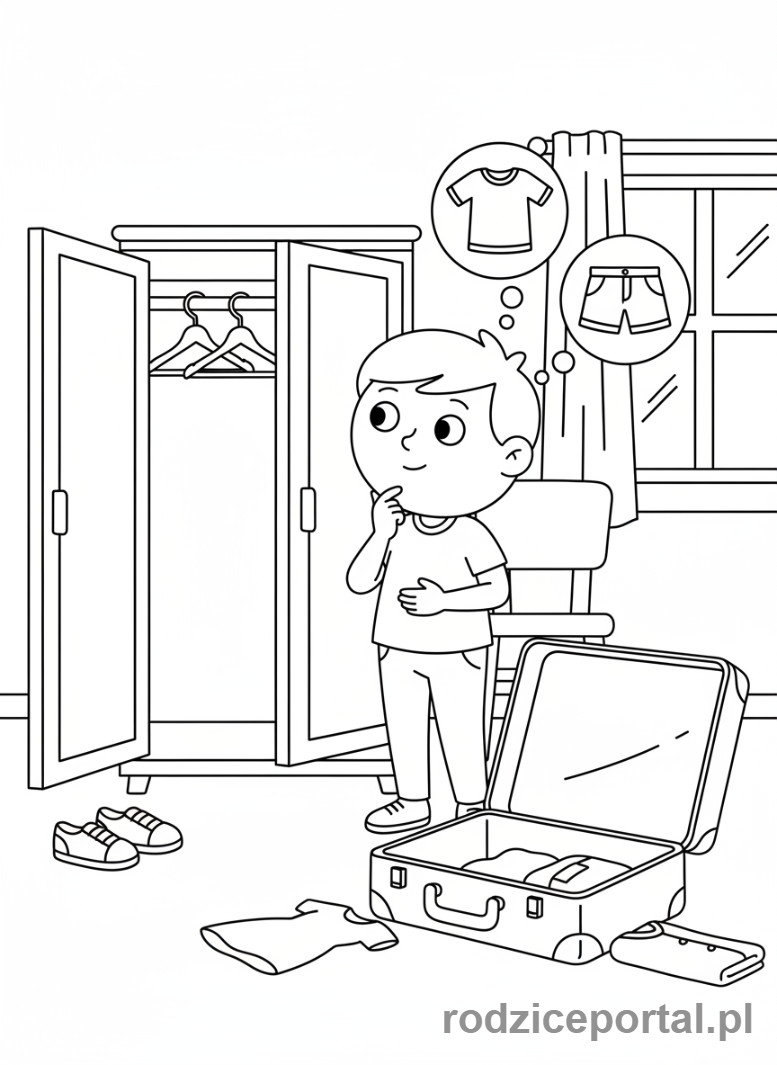 Kolorowanka Pakowanie Walizki - Osoba zastanawiająca się co spakować