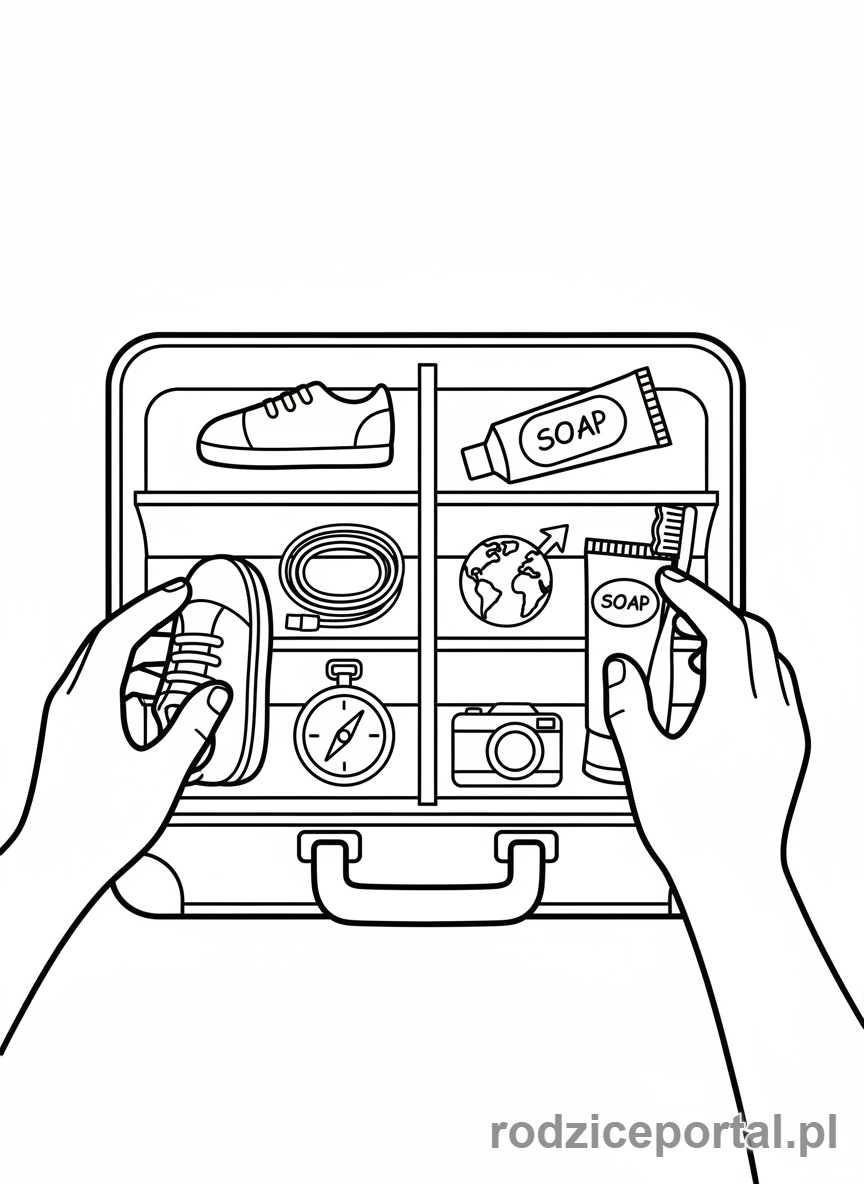 Kolorowanka Pakowanie Walizki - Pakowanie butów i akcesoriów