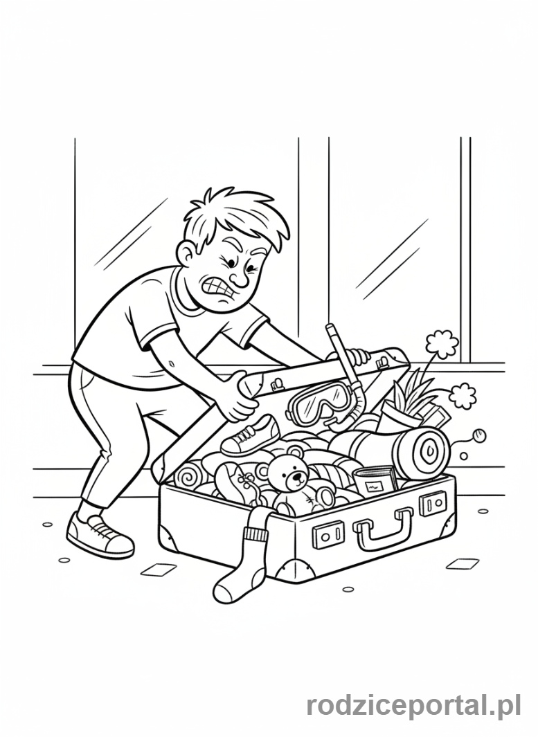 Kolorowanka Pakowanie Walizki - Przepełniona walizka, trudności z zamknięciem