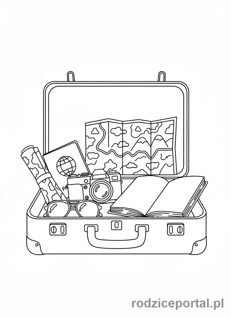 Kolorowanka Pakowanie Walizki - Walizka z paszportem i mapą