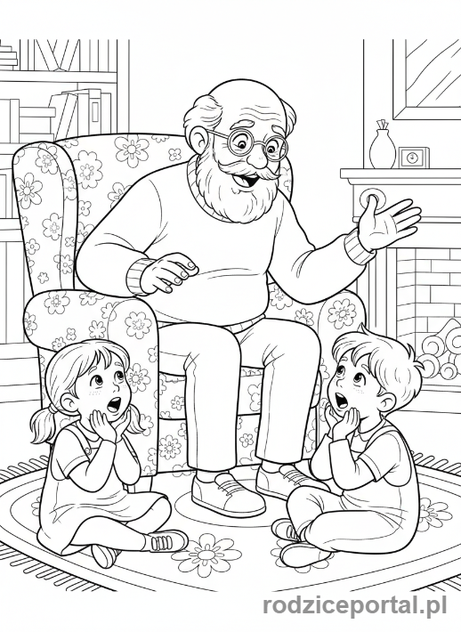 Kolorowanka Pamięć - Dziadek opowiadający historię dwójce dzieci