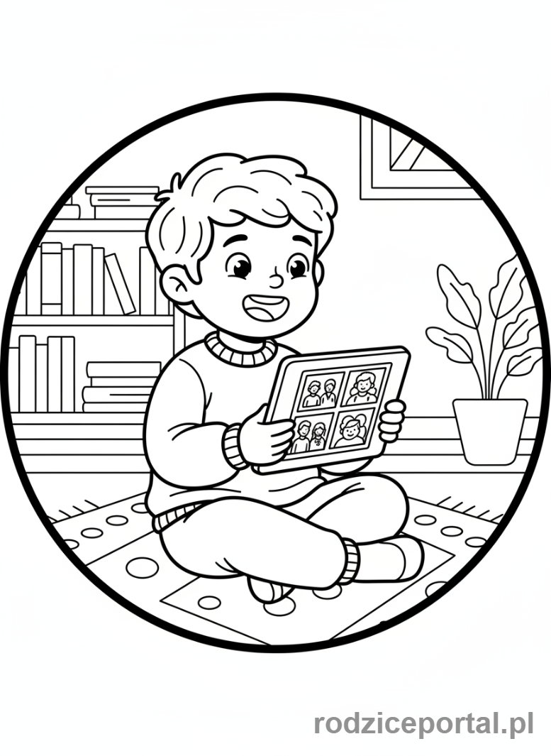 Kolorowanka Pamięć - Dziecko oglądające stare zdjęcia rodzinne na tablecie