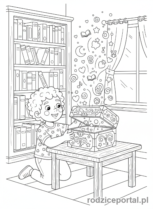 Kolorowanka Pamięć - Dziecko otwierające ozdobne pudełko wspomnień