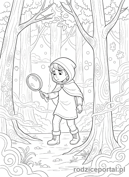 Kolorowanka Pamięć - Dziecko szukające zagubionego wspomnienia w zamglonym lesie