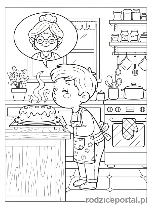 Kolorowanka Pamięć - Dziecko wąchające ciasto z dymkiem wspomnienia o babci