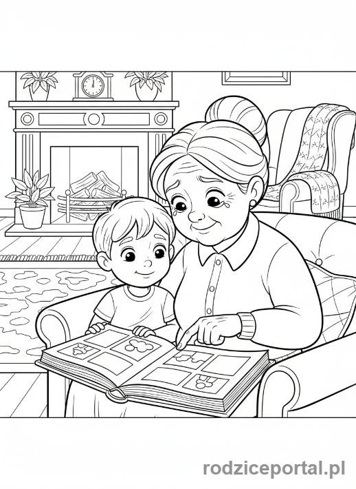 Kolorowanka Pamięć - Dziecko z babcią przeglądające stary album ze zdjęciami