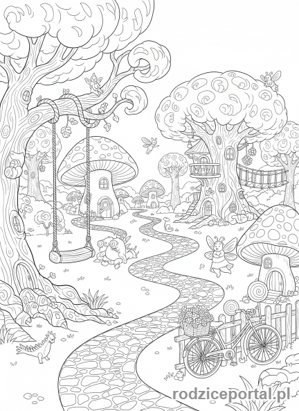 Kolorowanka Pamięć - Fantazyjna ścieżka wijąca się przez krajobraz z małymi scenkami z dzieciństwa
