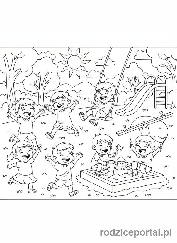 Kolorowanka Pamięć - Grupa dzieci bawiących się razem w parku i tworzących nowe wspomnienia