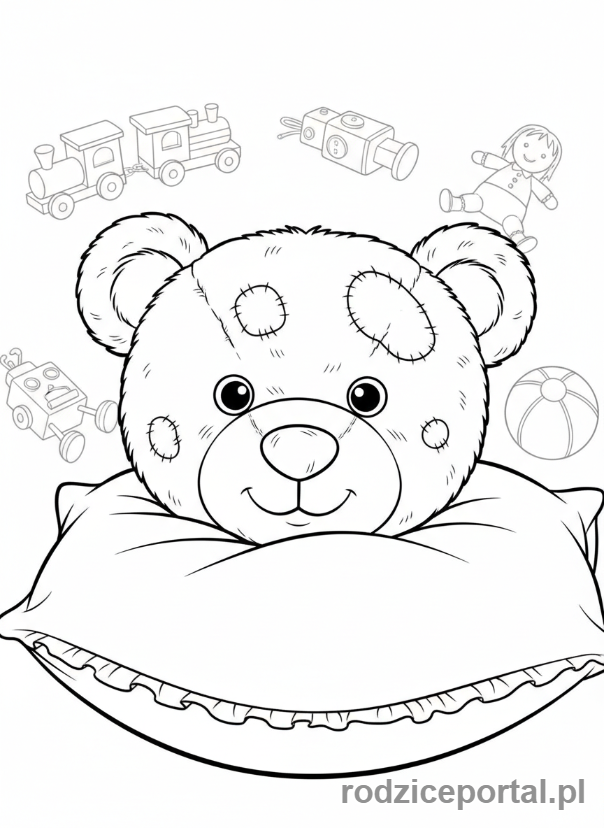 Kolorowanka Pamięć - Stary, poczciwy pluszowy miś leżący na poduszce