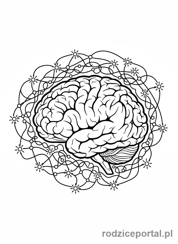 Kolorowanka Pamięć - Stylizowany mózg z siecią połączeń neuronowych i światełkami wspomnień