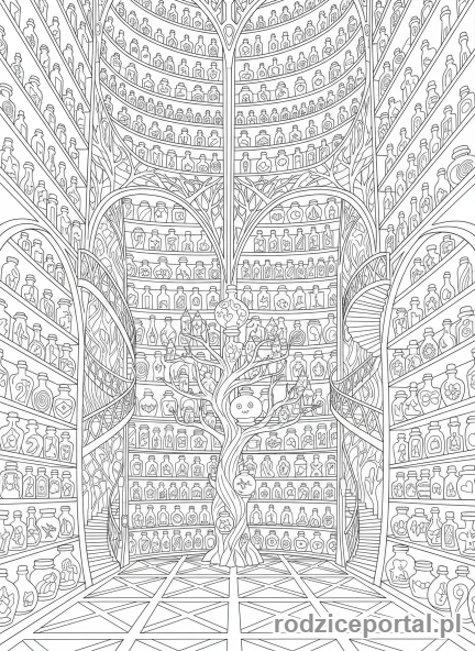 Kolorowanka Pamięć - Wnętrze magicznego 'Pałacu Pamięci' z półkami pełnymi wspomnień