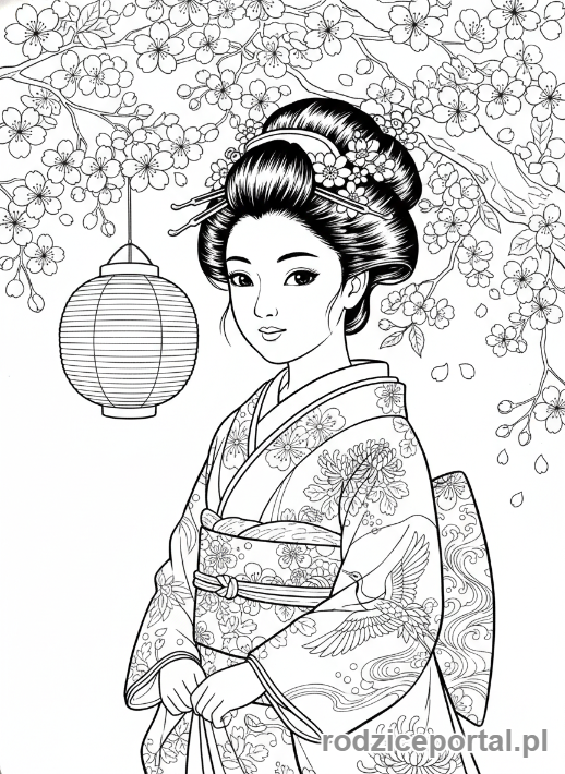 Kolorowanka Państwa Świata - Japonka i kwiaty wisni