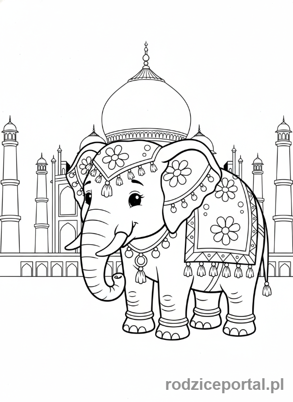 Kolorowanka Państwa Świata - Slon i Taj Mahal