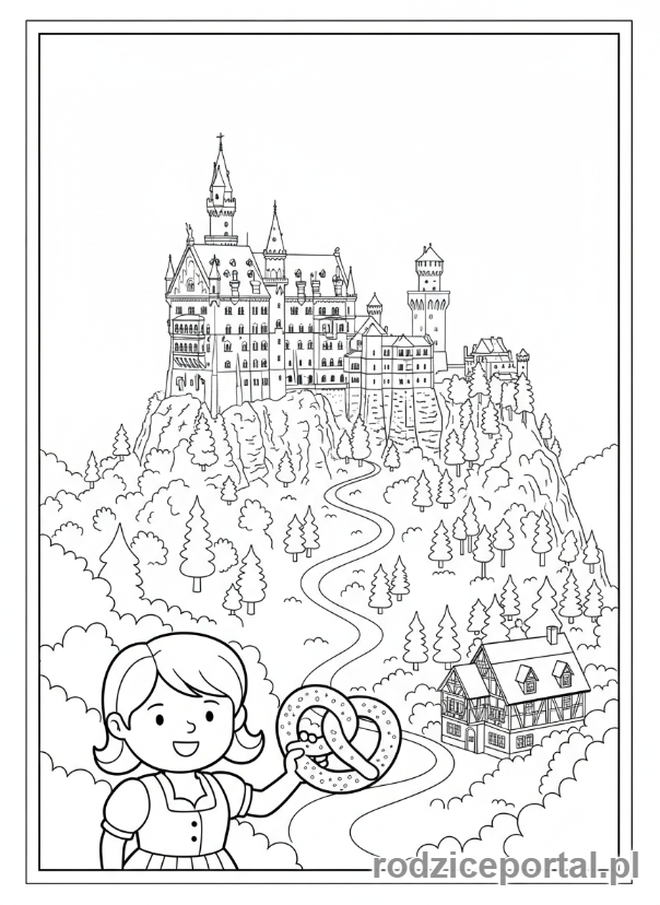 Kolorowanka Państwa Świata - Zamek Bawarski i Precel
