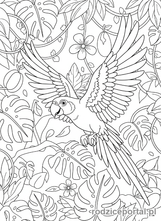 Kolorowanka Papuga - Lecąca papuga dżungla