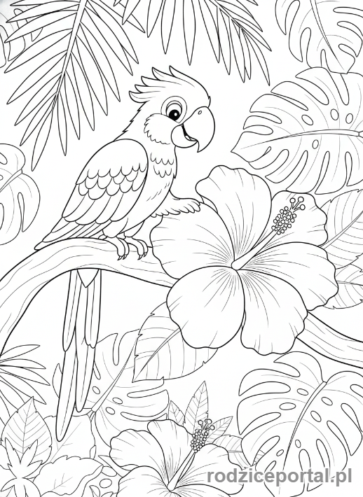 Kolorowanka Papuga - Papuga z kwiatem hibiskusa