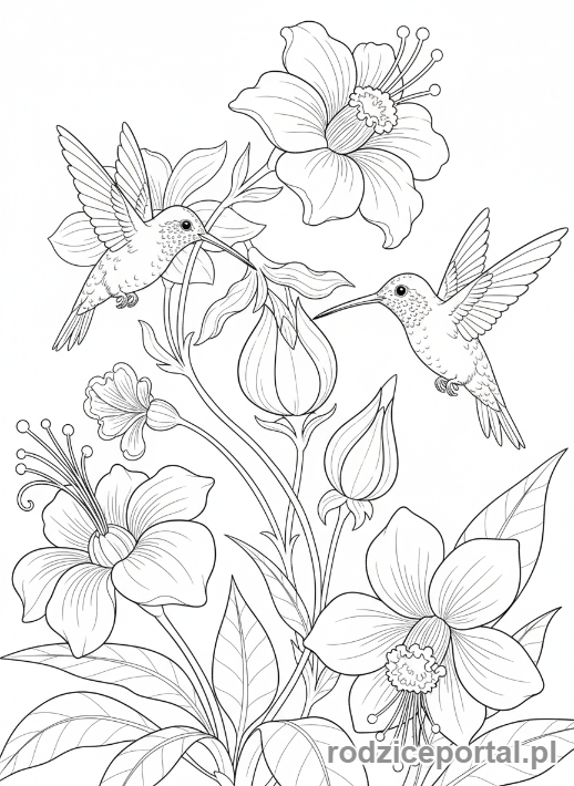 Kolorowanka Parki Narodowe - Dwa kolibry zbierające nektar z egzotycznych kwiatów
