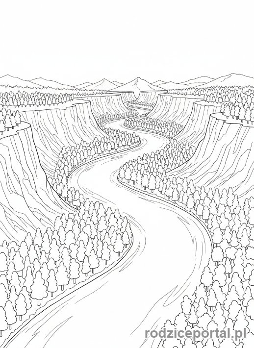 Kolorowanka Parki Narodowe - Głęboka dolina z meandrującą rzeką, widok z góry