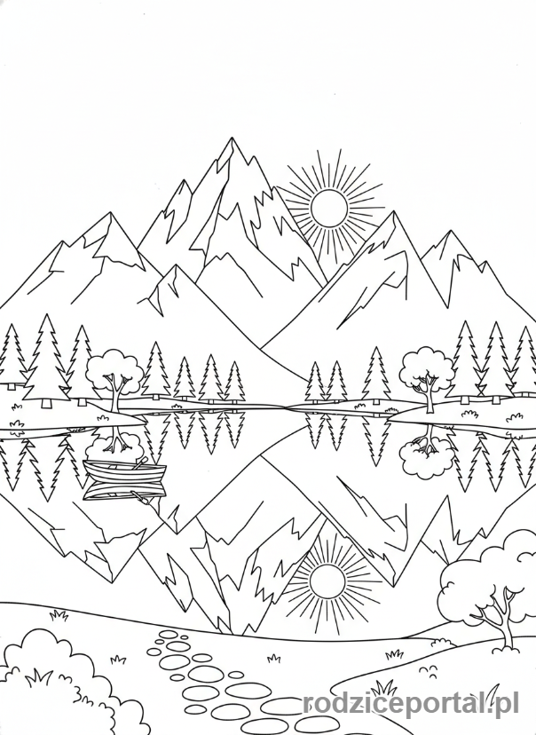 Kolorowanka Parki Narodowe - Góry i krystalicznie czyste jezioro w parku narodowym