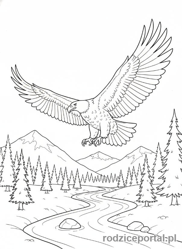 Kolorowanka Parki Narodowe - Majestatyczny orzeł bielik w locie nad rzeką