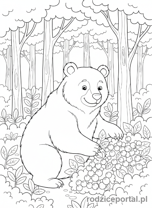 Kolorowanka Parki Narodowe - Niedźwiedź brunatny w gęstym lesie parku narodowego