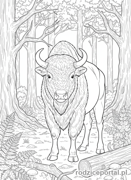 Kolorowanka Parki Narodowe - Potężny żubr stojący dumnie w prastarej puszczy