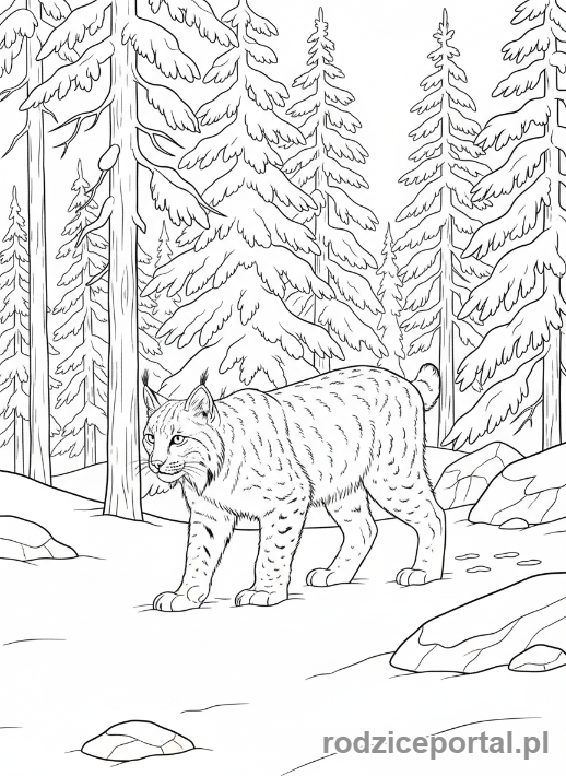 Kolorowanka Parki Narodowe - Ryś skradający się przez zaśnieżony las, zbliżenie