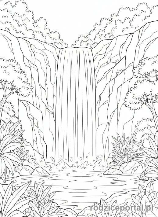 Kolorowanka Parki Narodowe - Wielki wodospad spływający po skalistym urwisku
