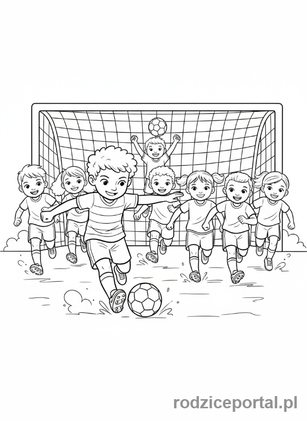 Kolorowanka Pewność Siebie - Dzieci grające w piłkę, liderka