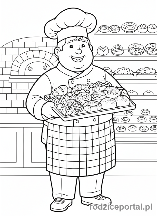 Kolorowanka Piekarz - Piekarz z tacą ciast