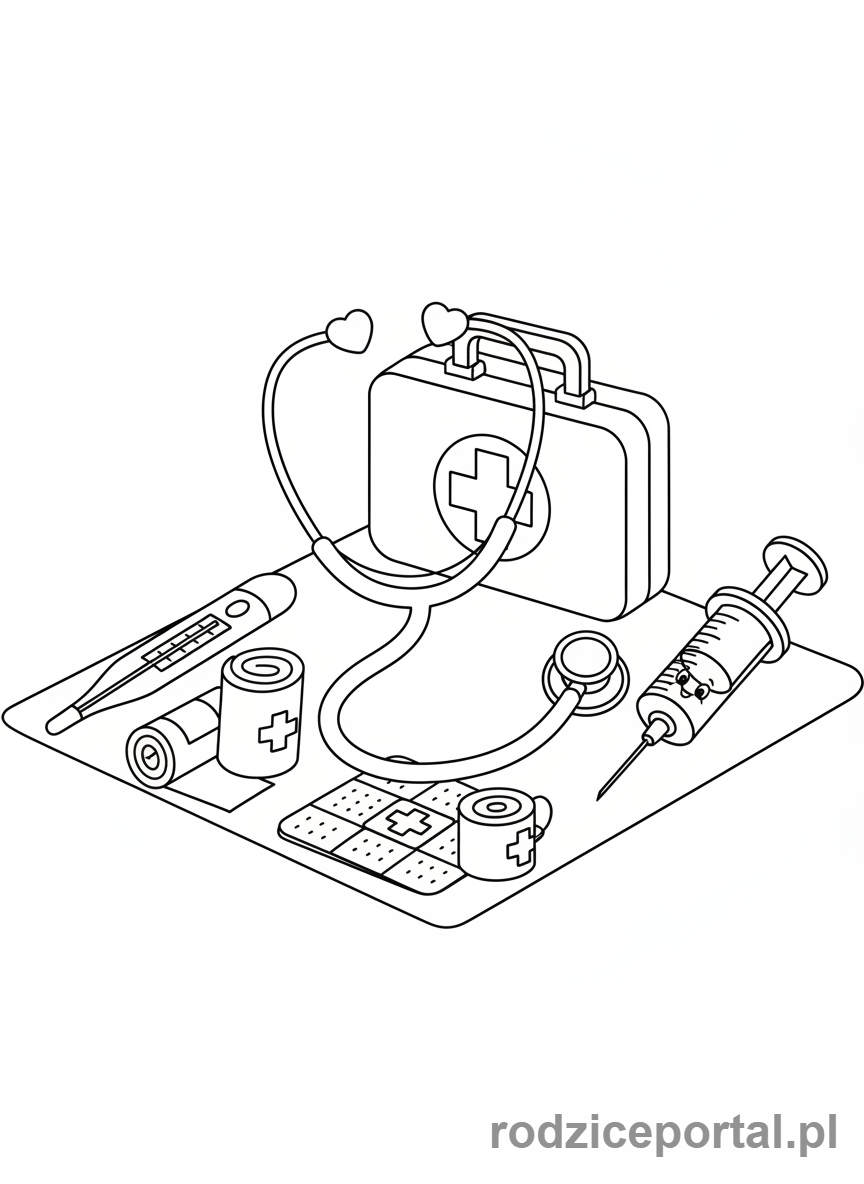 Kolorowanka Pielęgniarka - Narzędzia pielęgniarki, zbliżenie.