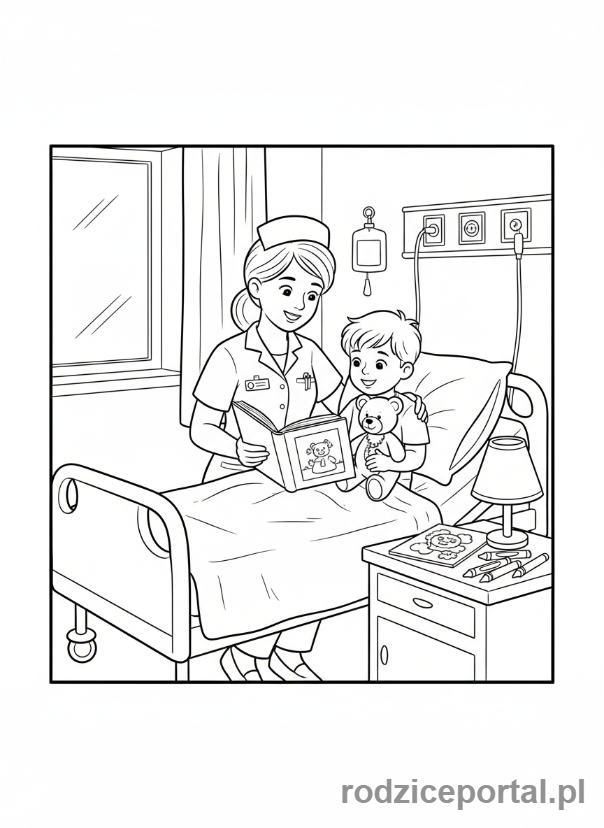 Kolorowanka Pielęgniarka - Pielęgniarka czyta dziecku książkę.