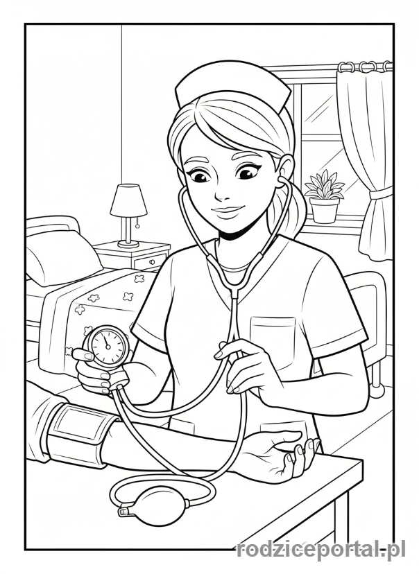 Kolorowanka Pielęgniarka - Pielęgniarka mierzy ciśnienie.