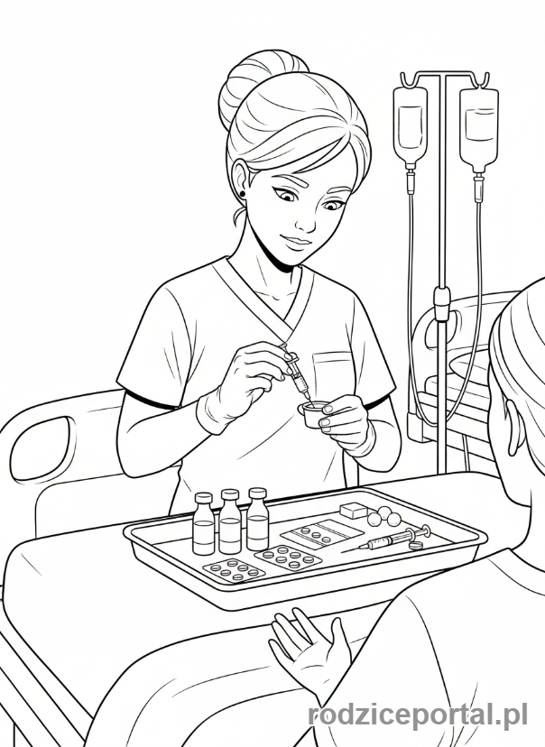 Kolorowanka Pielęgniarka - Pielęgniarka podaje lekarstwo.