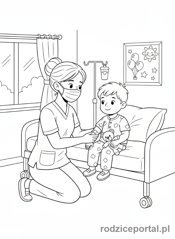 Kolorowanka Pielęgniarka - Pielęgniarka pomaga dziecku.