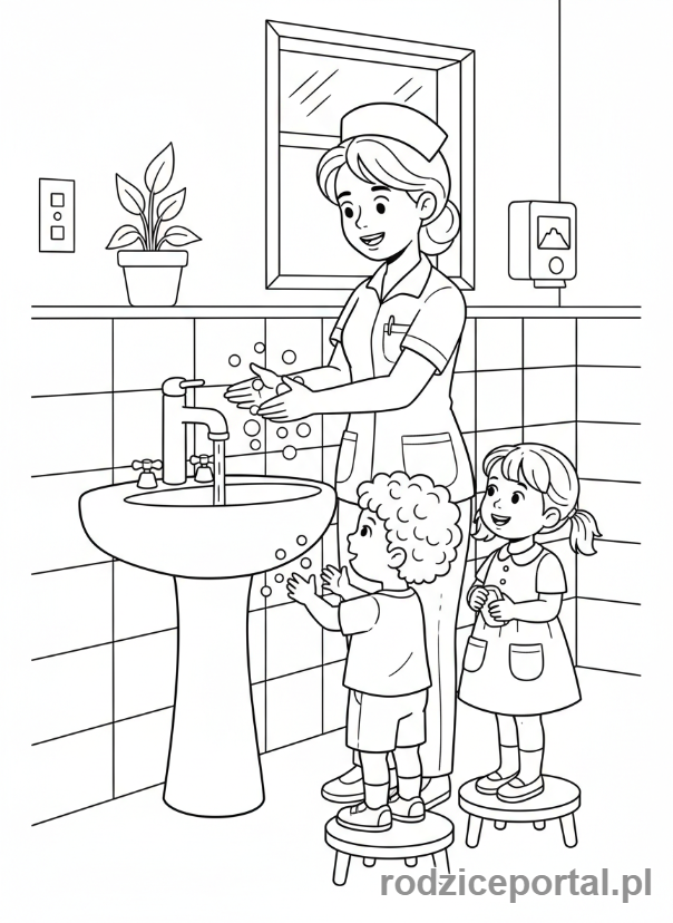 Kolorowanka Pielęgniarka - Pielęgniarka uczy higieny.