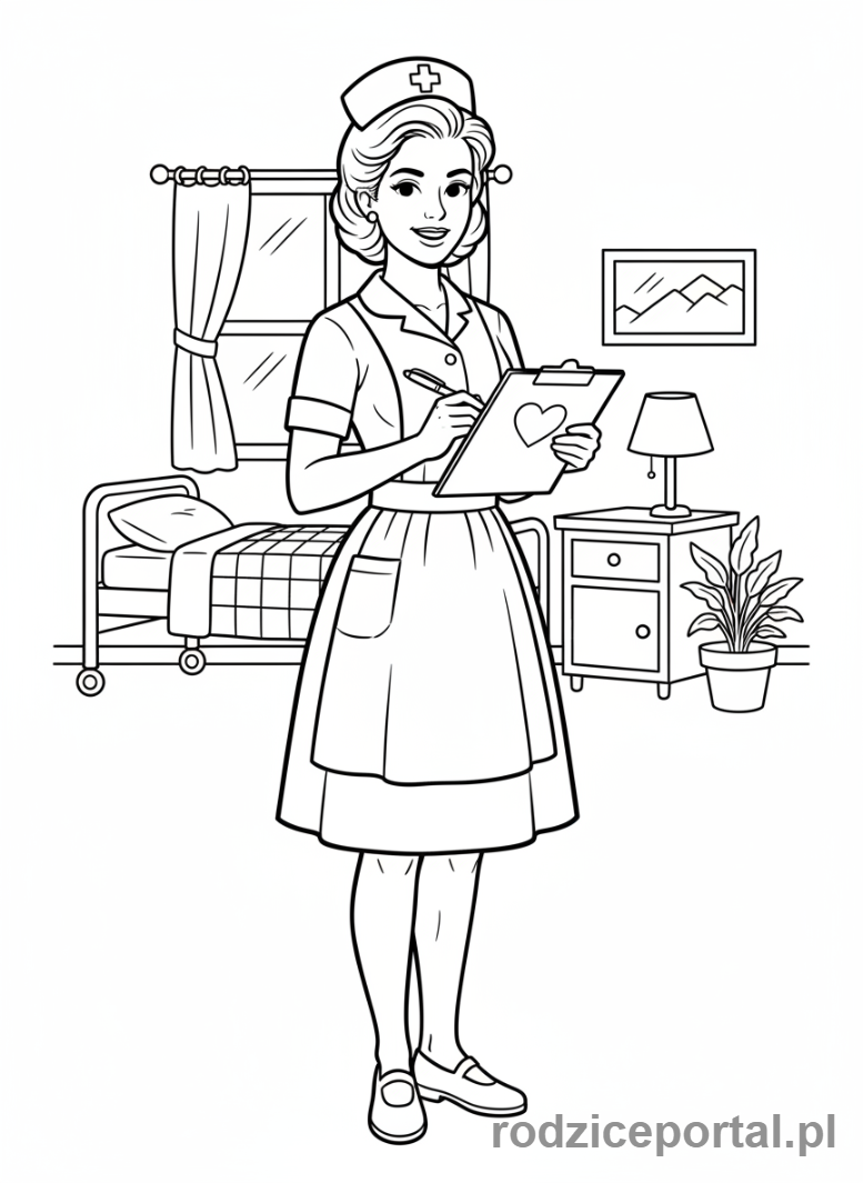 Kolorowanka Pielęgniarka - Pielęgniarka z notatnikiem, cała postać.