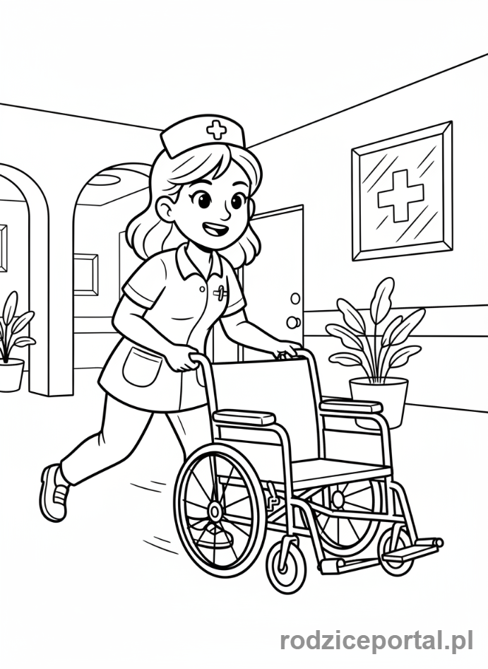 Kolorowanka Pielęgniarka - Pielęgniarka z wózkiem inwalidzkim.
