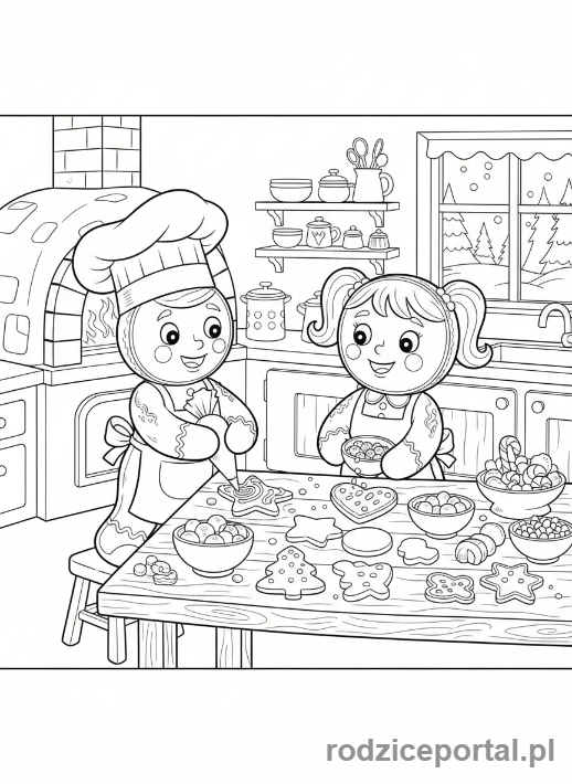 Kolorowanka Piernik - Dzieci dekorujące pierniki w kuchni