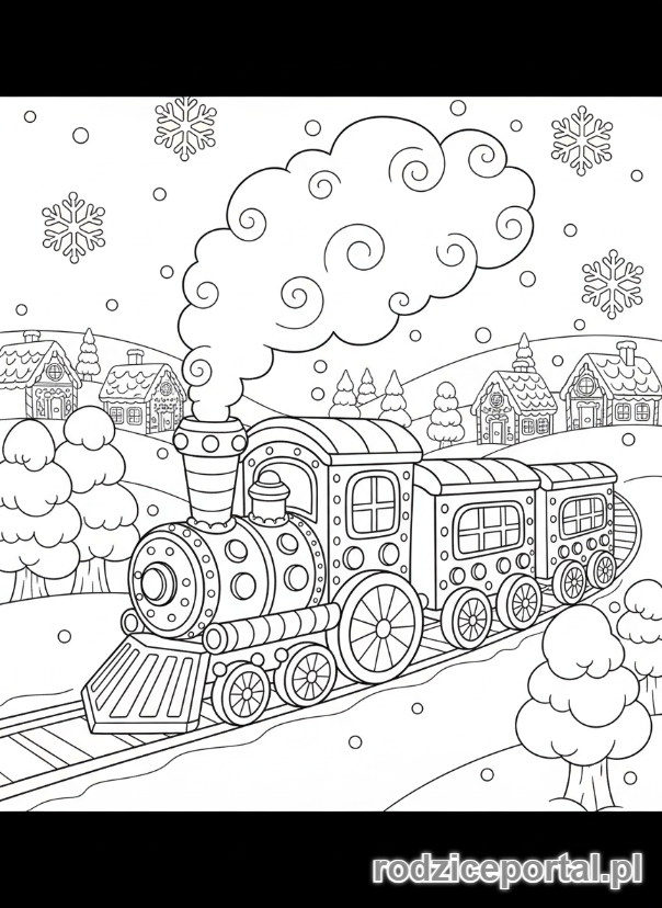 Kolorowanka Piernik - Piernikowy pociąg jadący przez zimowy krajobraz