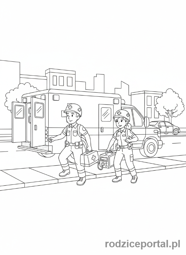 Kolorowanka Pierwsza Pomoc - Ambulans z ratownikami