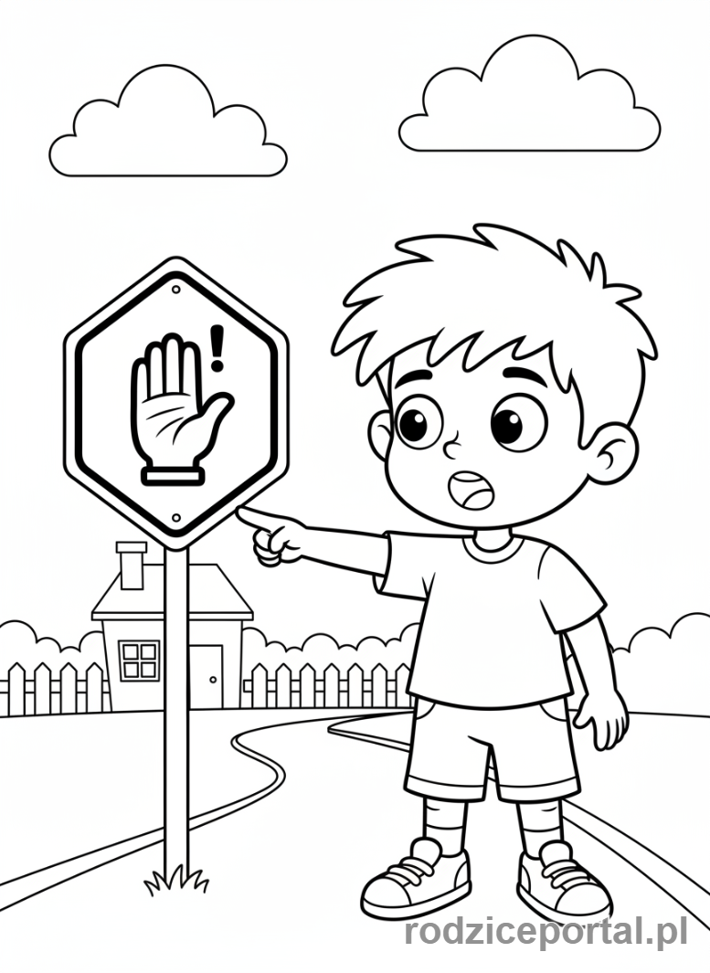 Kolorowanka Pierwsza Pomoc - Dziecko wskazujące znak stop
