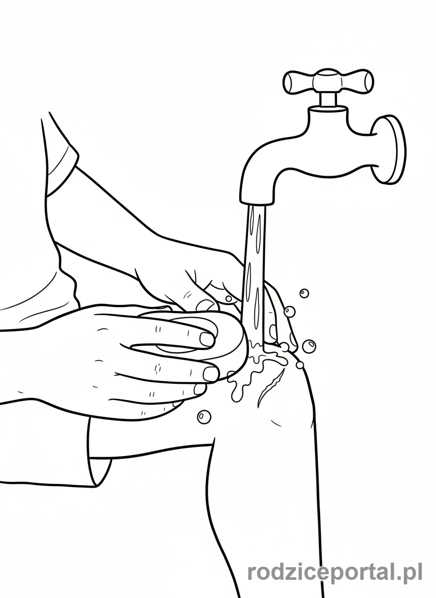 Kolorowanka Pierwsza Pomoc - Mycie małej rany